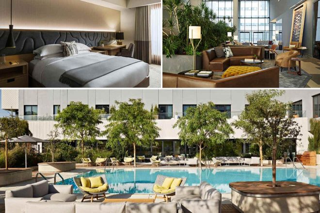 A collage of three hotel photos to stay in Sacramento: a sleek bedroom with a gray upholstered bed, a lounge area with lush greenery and leather sofas, and an inviting outdoor pool surrounded by trees and lounge chairs